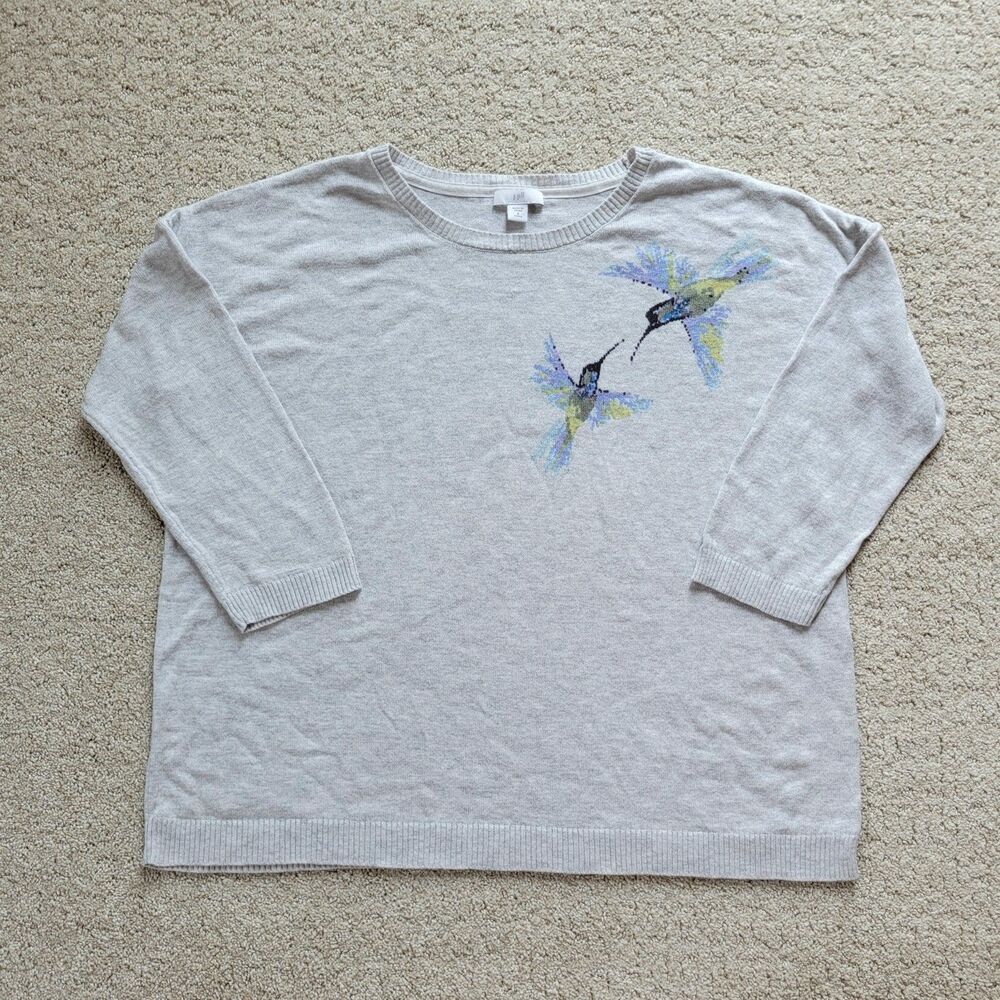 J Jill Sweater Gray 3/4 Sleeve Hummingbird Nature Quiet Luxury Petite Small